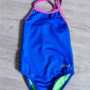 Dolfin Girls Blue One-Piece Swimsuit with Pink Striped Trim